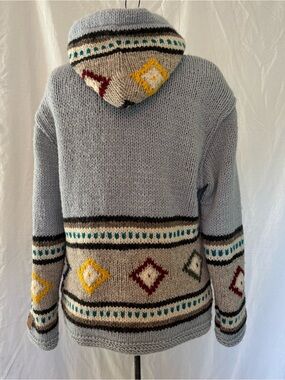 Kyber 100% Wool Hooded Fair Isle Zip Sweater Jacket Blue Geometric Size L